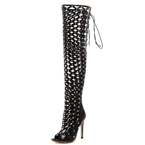 black studded lace up high heel sandal boots featuring a black over-the-knee mesh design with studded accents and a high heel for stylish wear.