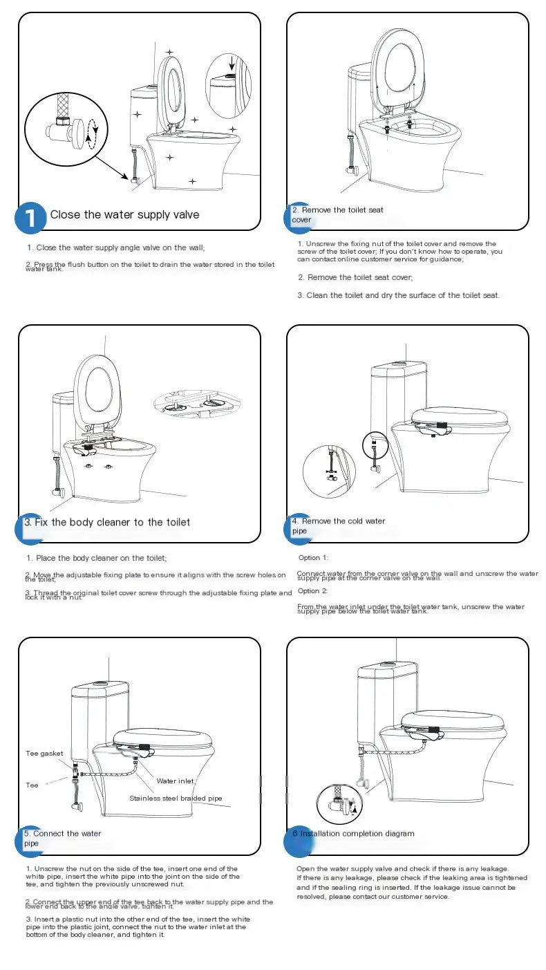 Instruction manual for ultra-thin dual nozzle bidet toilet cleanser showing step-by-step diagrams and text for toilet cleanser installation.
