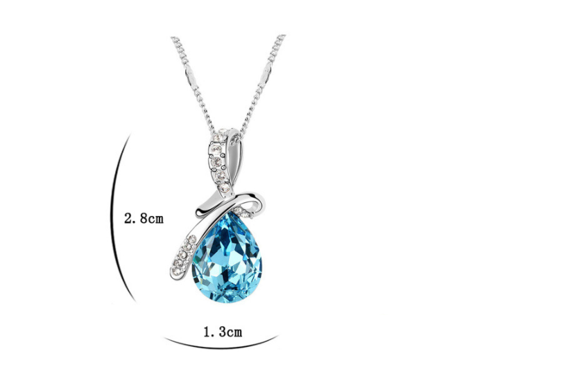 A silver-toned creative alloy jewelry set necklace featuring a teardrop-shaped blue crystal pendant with smaller clear crystals along its curved bail.