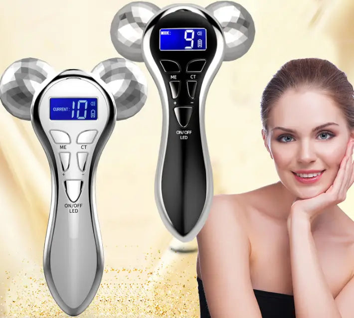 Silver and black 3-head digital firming beauty massager with three spherical faceted heads for effective firming beauty treatment