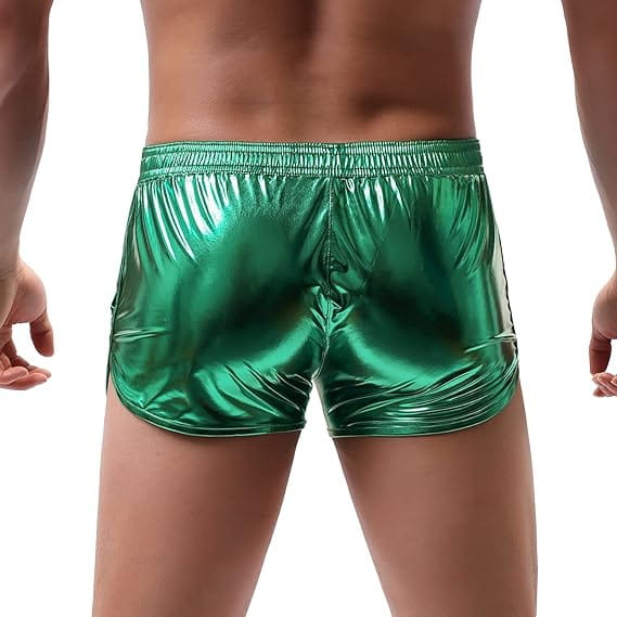 Shiny emerald green metallic mens loose casual shorts with a sleek reflective finish and trendy design.
