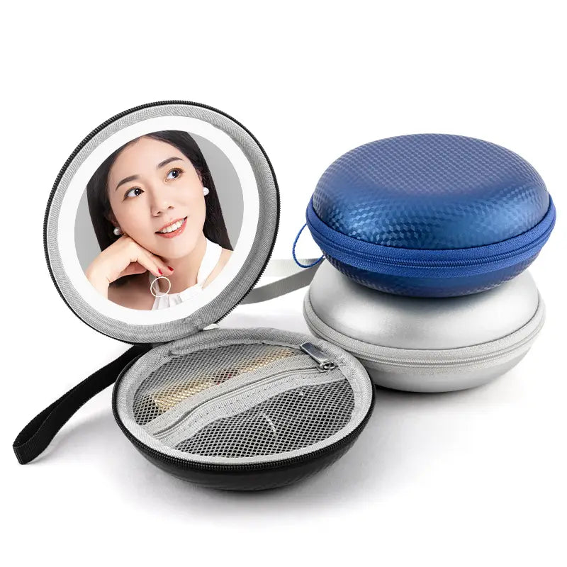 black circular makeup case with built-in mirror and mesh interior for organizing cosmetics in a round bag blue design