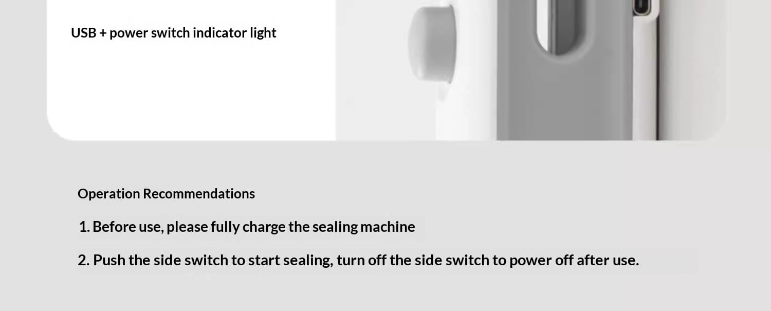 gray plastic usb power switch indicator light on a portable usb heat sealer and magnetic storage clip with a sleek minimalist design