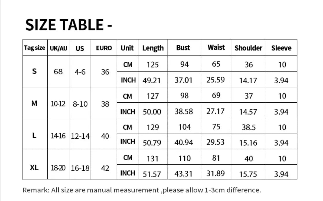 Size chart for pastel floral summer dresses ruffle cap sleeve long displaying measurements in centimeters and inches for sizes S through XL.