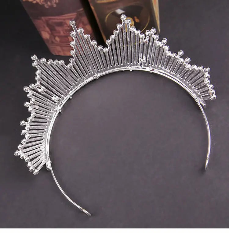 Silver metallic tiara with delicate spiky rays adorned with clear crystal beads European style birthday headdress crown.