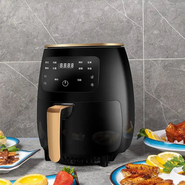 Black and gold smart touch air fryer with stainless steel finish and digital display panel.