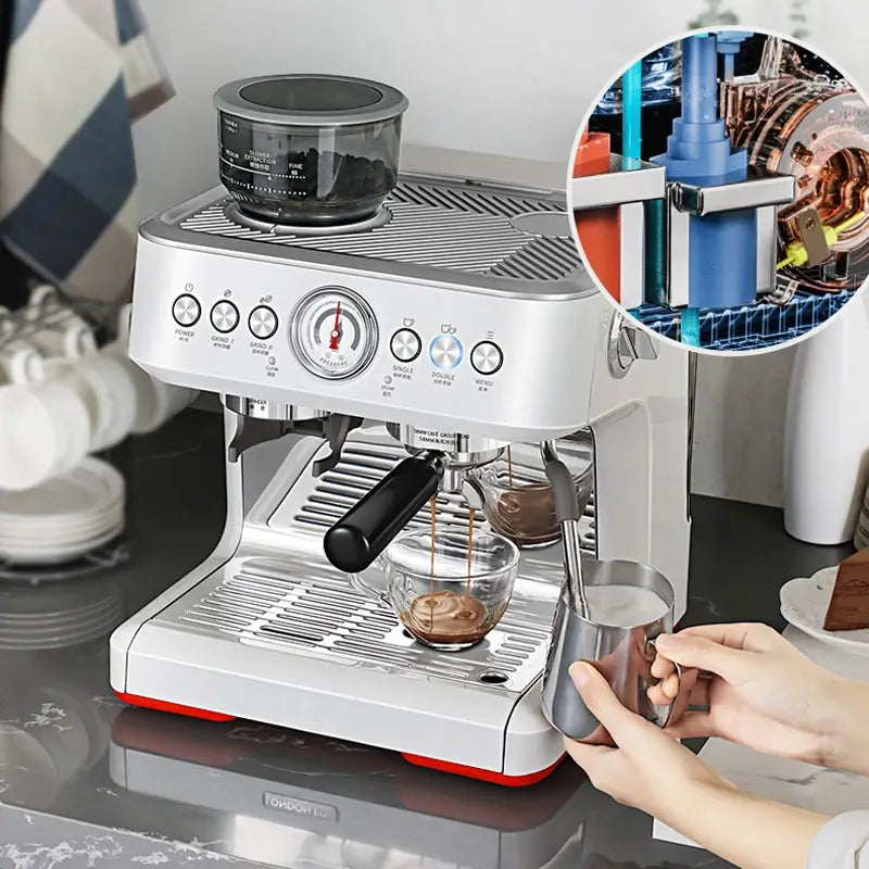 Silver and red semi-automatic coffee machine with grinder and gauge featuring a transparent bean hopper, stainless steel accents, and multiple control knobs.