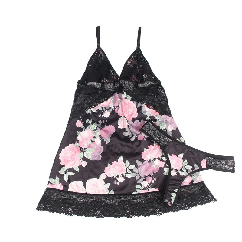 plus size embroidery patchwork lace sleeping dress in black satin with pink rose floral print and lace trim.