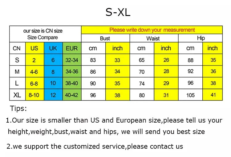 size conversion chart for rhinestone feather dress banquet gown showing measurements in centimeters and inches across cn, us, uk, and eur sizing systems.