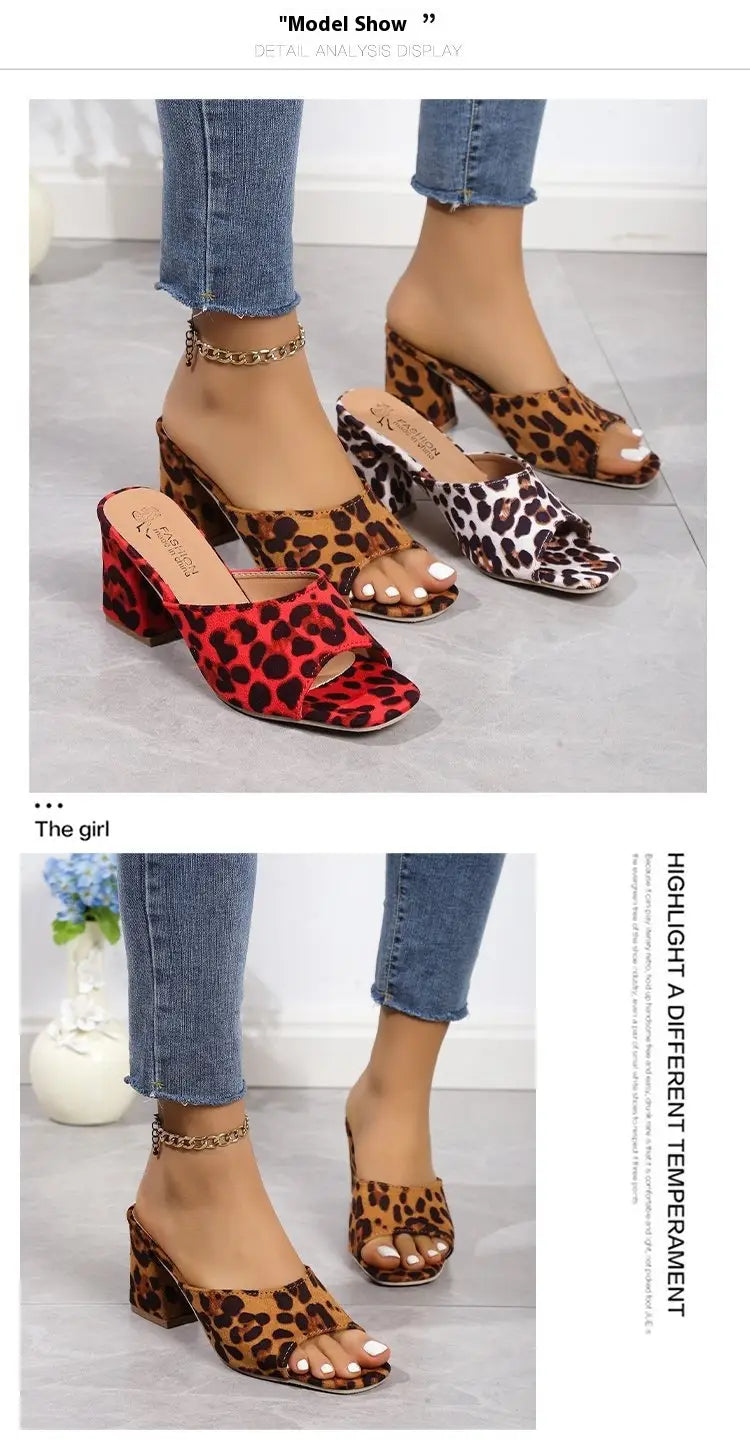 red and black leopard square toe sandals summer block heels featuring mule design with a chunky heel
