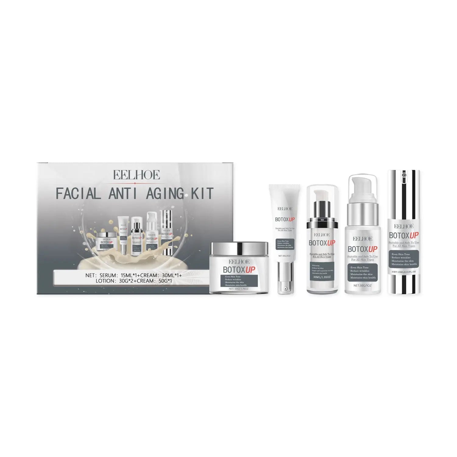 eelhoe botoxup facial anti-aging kit for lightening fine lines featuring sleek silver and white packaging with multiple skincare products including serum cream lotion and moisturizer in elegant glass bottles and jars.