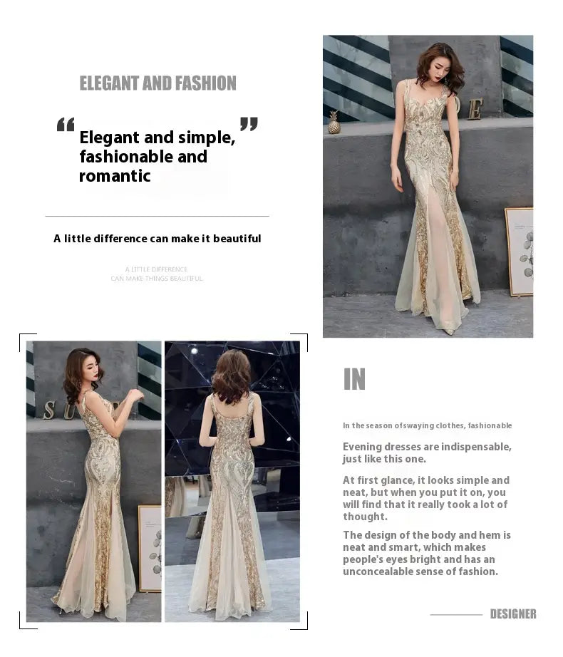 A shimmering champagne-colored fishtail long summer evening gown adorned with intricate gold beading and embroidery in sequins sling style.