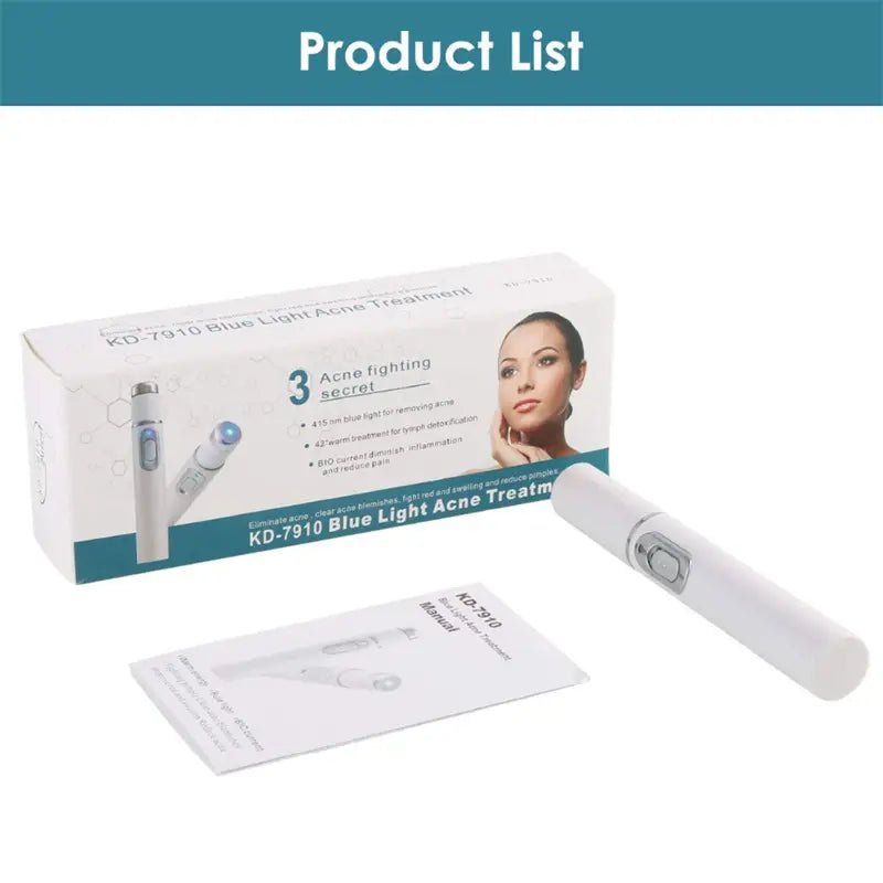 White KD-7910 blue light therapy acne laser pen with silver accent and blue illuminated tip for light therapy acne treatment