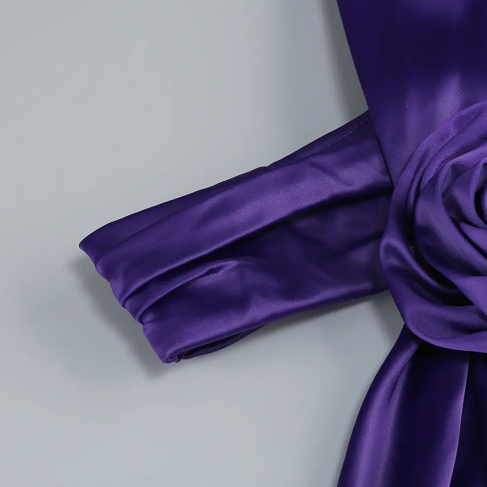 one shoulder fitted high waist purple satin rose gown featuring rich purple satin fabric with a smooth glossy finish and elegant ruched detailing showcasing a high waist pure color design.