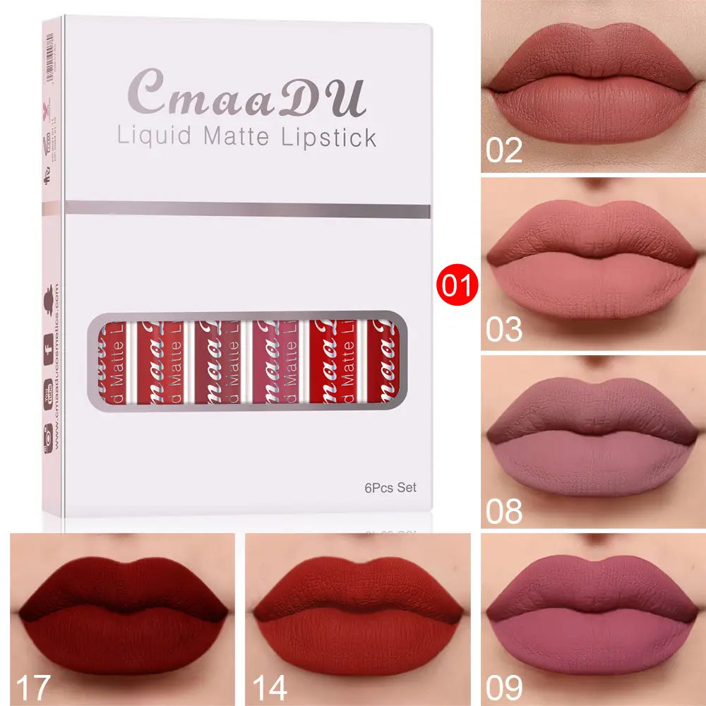 cmaadu brand 6 piece liquid matte lipstick set in a white box featuring six tubes with red and silver branding designed as a waterproof lipstick long lasting option for makeup use.