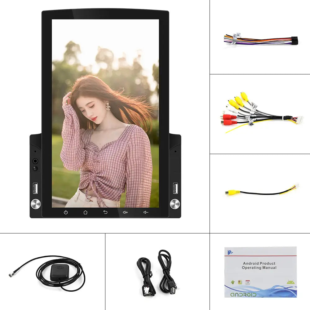 Black 10.2-inch large screen android car stereo video player navigator with touchscreen display and built-in USB ports shown with included cables and accessories.