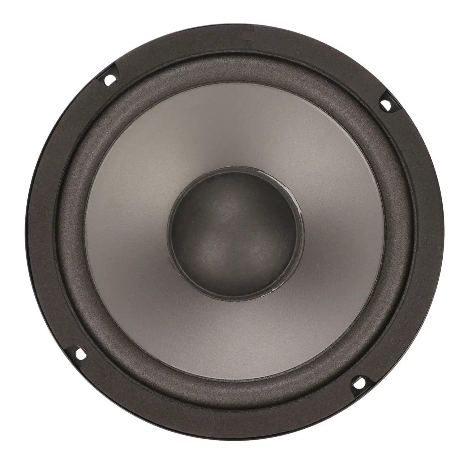 Black circular 6in car loudspeaker with a matte finish and central cone designed for high-performance car audio use.