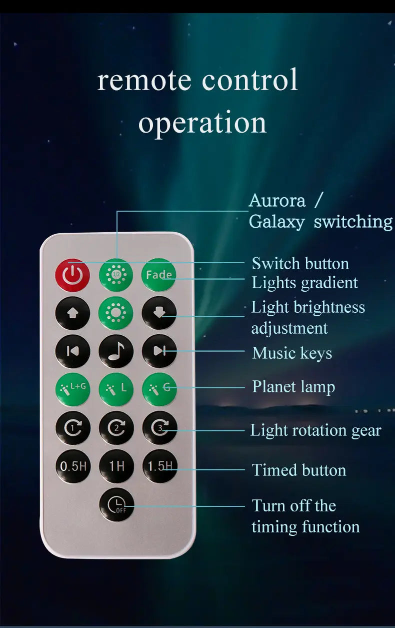 white remote control with a grid of red green and black buttons for operating lighting effects of the double effect northern lights projector lamp