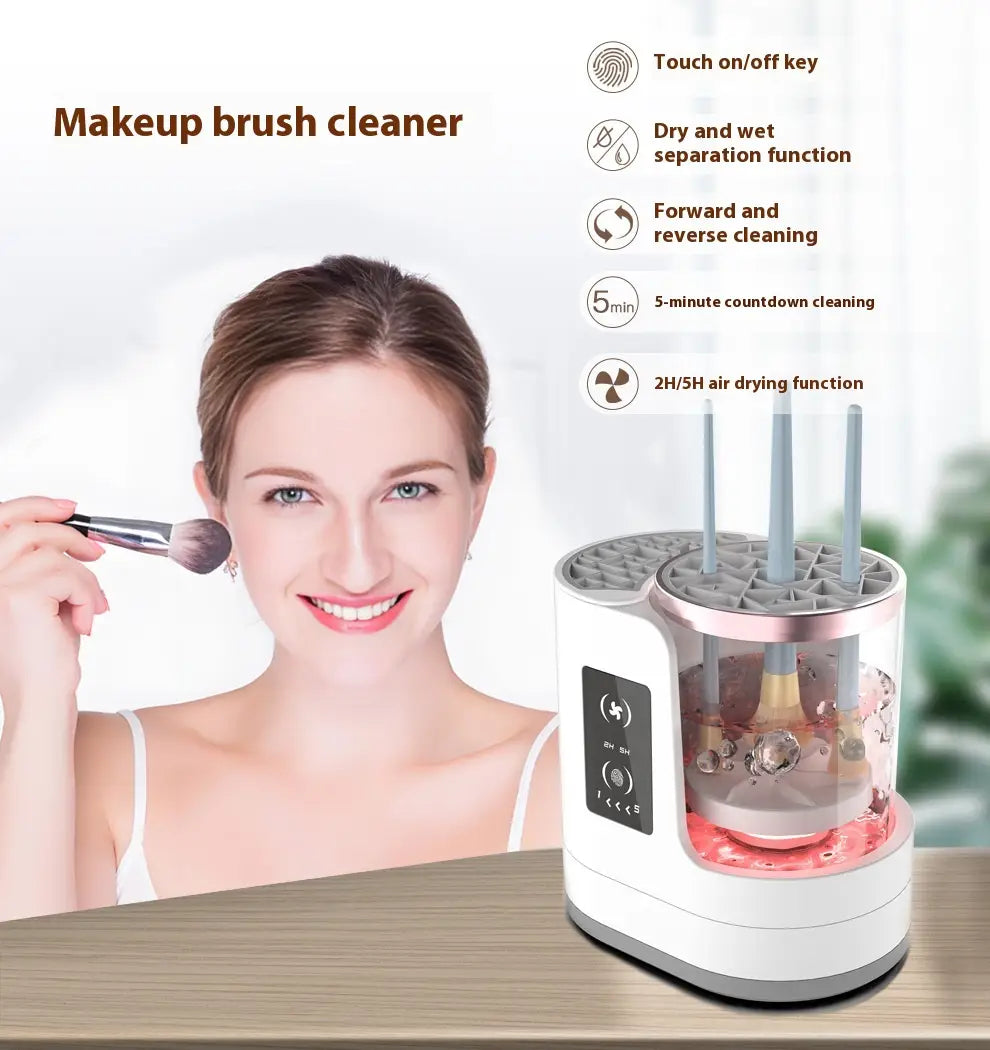 electric makeup brush cleaner in white and rose gold with transparent cylindrical tank and digital timer featuring a rotating cleaning chamber holding makeup brushes.
