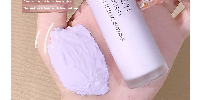 a white cylindrical bottle labeled matter moistening with black text featuring the brand name syi contains a light purple creamy substance from the hisyi silky clear makeup primer three color set