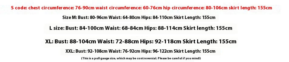 Size chart for black fishtail long summer sequins sling evening dress showing measurements in centimeters for sizes s to xxl.