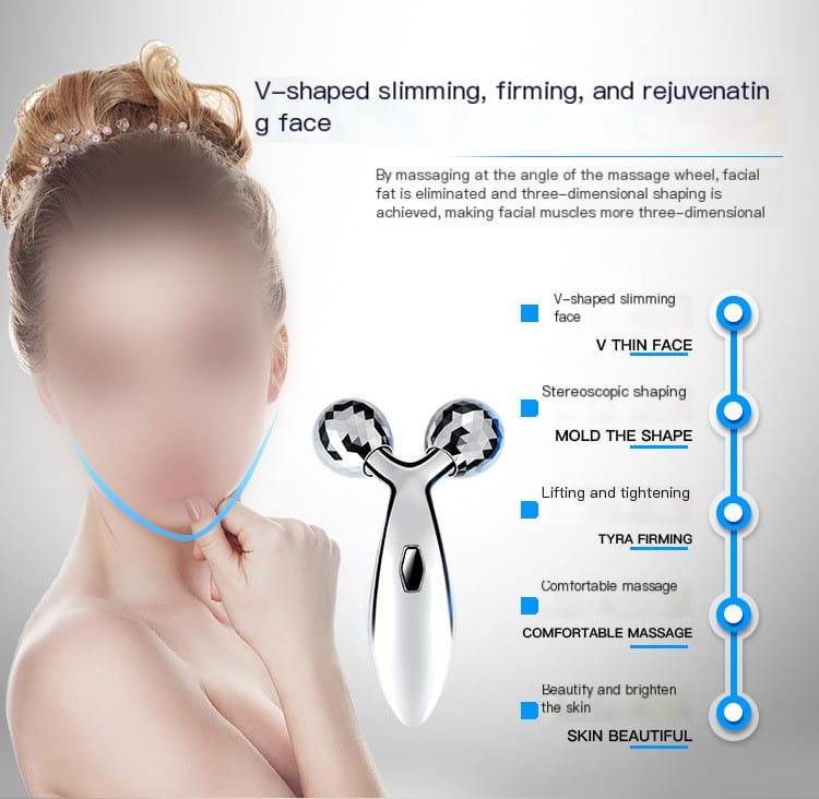 Silver facial roller massage device with two diamond-shaped wheels and a sleek ergonomic handle in a device image