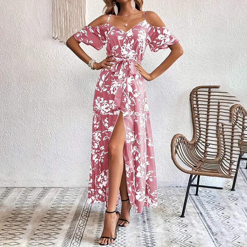 Women's Floral Cold Shoulder Belted A-Line Maxi Dress with Side Split