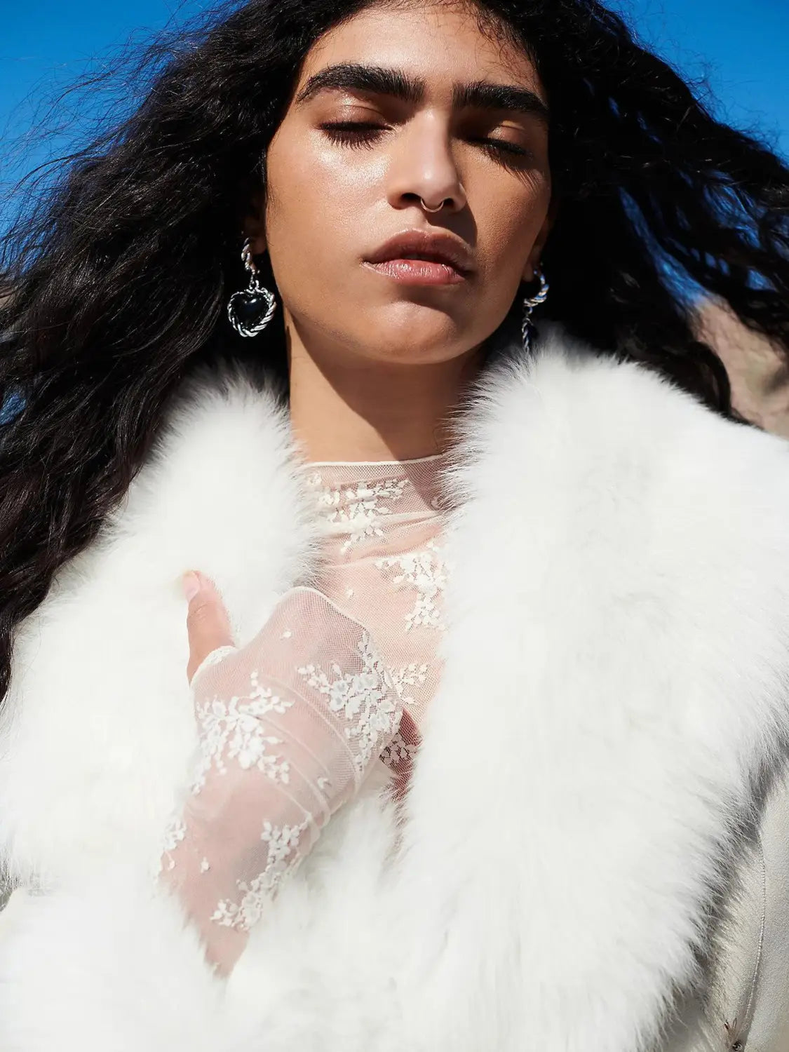 white faux fur collar with soft fluffy texture and subtle sheen on a women’s see-through lace floral mesh top