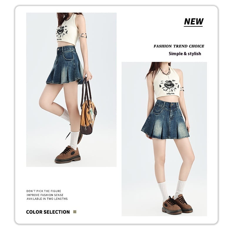 A vintage denim skirt features a high waist design with a pleated front and frayed hem in classic blue denim.