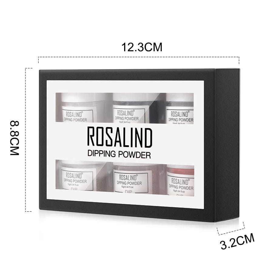 black rectangular box containing six small white jars of rosalind dipping powder in various colors included in a dipping powder nail beauty set with brush for professional nail beauty use