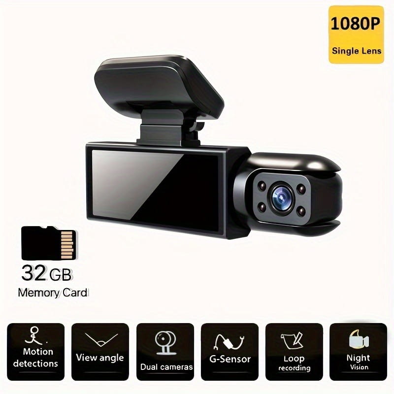 black dash cam with sleek rectangular body and single lens on the right side featuring 32g memory card for dual lens dash cam recording