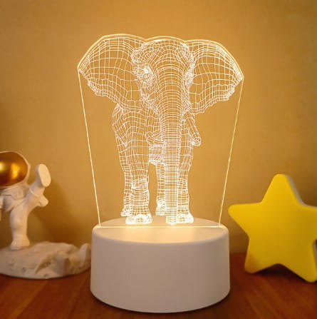 white elephant-shaped 3d led lamp with wireframe design featuring colorful touch remote control lights for decorative use