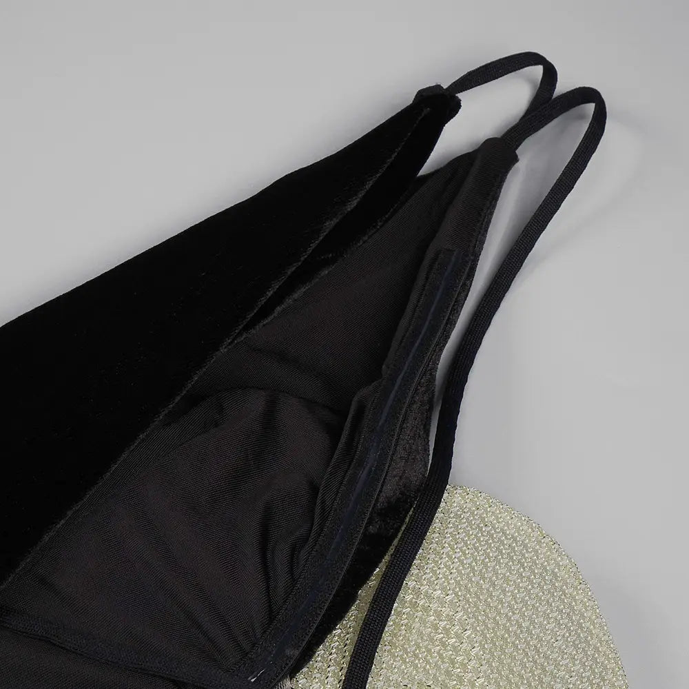 black velvet triangle camisole top with thin straps and mesh lining as part of a black camisole backless slim fit velvet floral gown