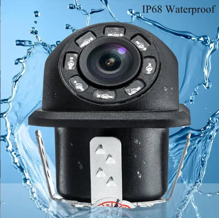 black ruggedly designed ip68 reversing hd waterproof universal rear view camera with circular lens and multiple control buttons around the perimeter