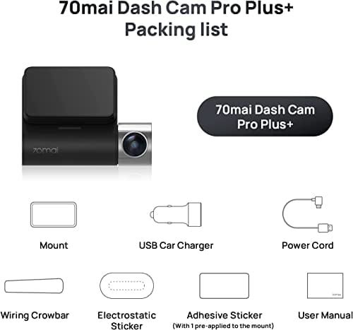 Black 70mai a500s dash cam pro plus with built-in GPS featuring a sleek compact design and silver accents around the lens.