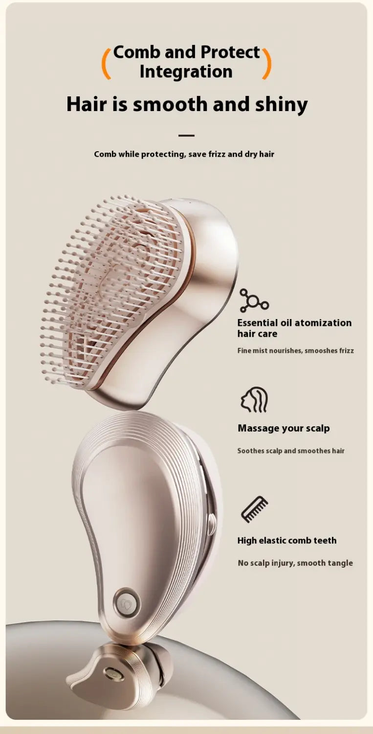 silver-toned electric spray massage comb hair care mist device with integrated essential oil atomization and massage head for care spray massage and hair care spray use