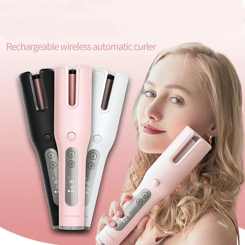 pink wireless automatic curler with an ergonomic design and digital temperature controls featured in the automatic curler usb lcd model