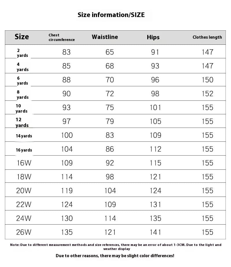 Size information chart for white graceful satin off-the-shoulder wedding dress displaying measurements in inches across sizes 2 yards to 26w for a satin simple lightweight garment.
