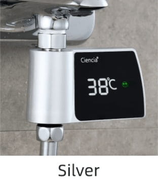 silver-colored digital plastic visual shower water heater thermostat with black display showing 38°c and cienca brand for visual shower faucet and power consumption water monitoring.