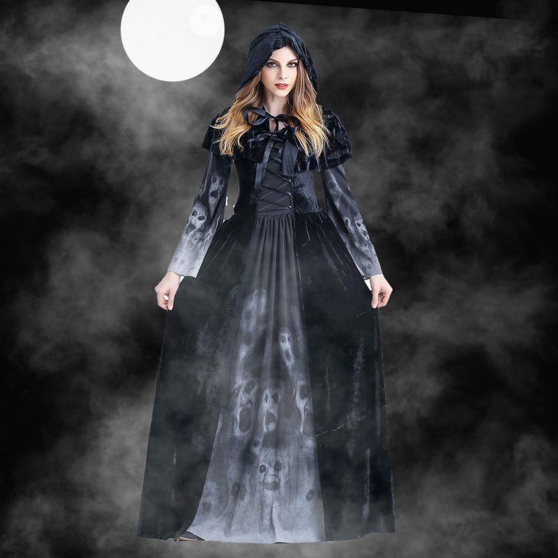women medieval gothic black velvet hooded witch dress with long sleeves and skull-patterned fabric for halloween