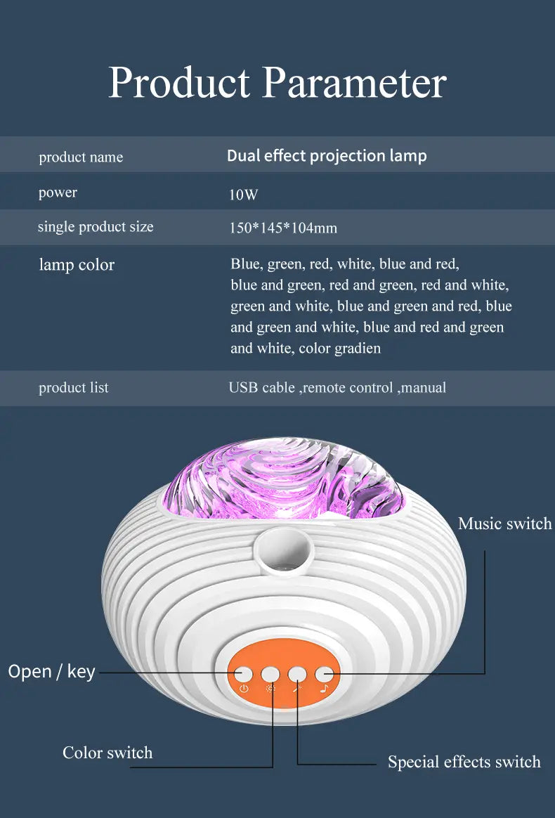 white ribbed double effect northern lights projector lamp with a translucent purple glass top and orange control panel designed for ambient lighting effects
