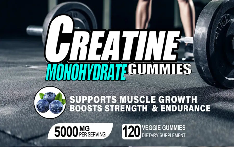 blueberry creatine monohydrate gummies pack containing 120 blueberry-flavored 5000 mg creatine gummies designed for fitness and wellness support.