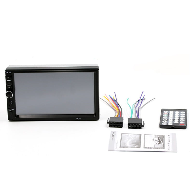 Black 2din car stereo with a sleek rectangular screen and control buttons on the left side featuring 7 inch dual spindle vehicle design for mobile phone interconnection and phone interconnection universal use.
