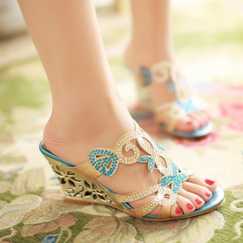 gold embellished wedge sandals peep toe with turquoise embellishments and intricate cutout design on wedge sandals peep.