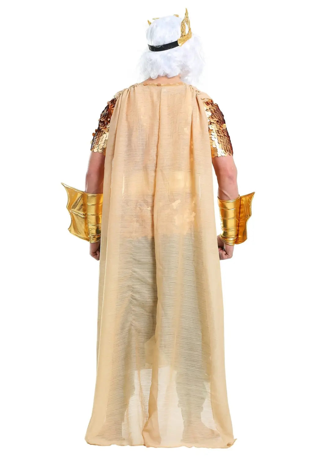 a gold-embellished flowing beige cape with ornate shoulder and wrist armor as part of the poseidon queen king god of war costume showcasing queen king god attributes