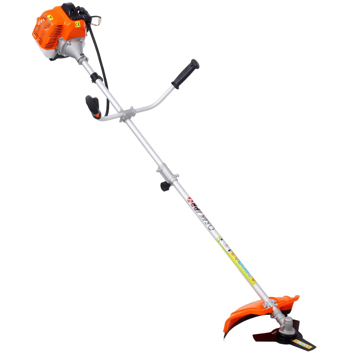 Orange and silver gas powered plastic pruning tool brush cutter with adjustable black handles designed for efficient plastic pruning tasks.