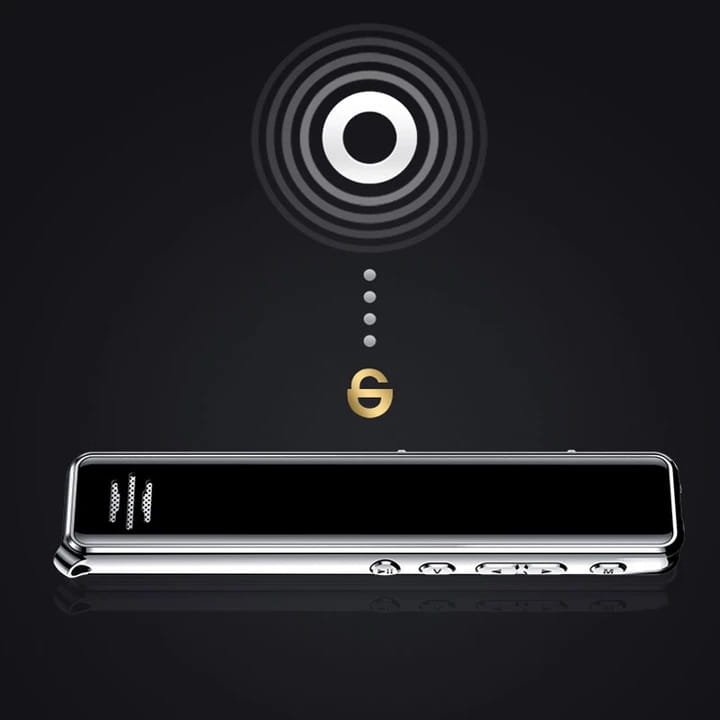 silver rectangular professional recording pen with metallic edges, black screen, and gold-colored logo, designed for noise reduction and high-quality professional recording.