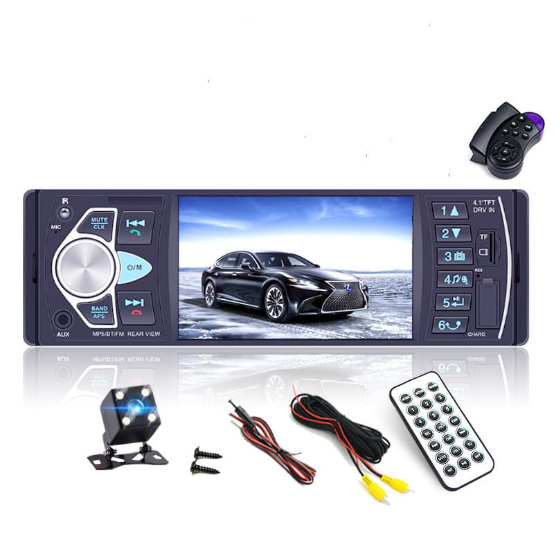 Black 4.1 inch large screen bluetooth car mp5 player with touchscreen displaying a black Lexus sedan, silver control buttons and knobs on the left, and audio input ports with navigation controls on the right.