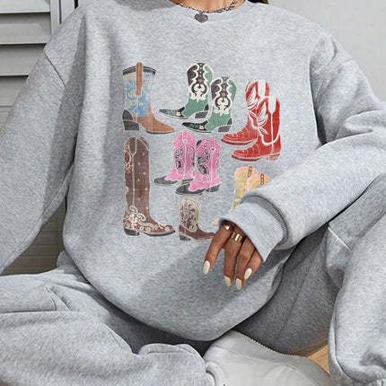 Women Basic Casual Pullover Spring Autumn Long Sleeve Boots Illustrated Printed Round Neck - Royalessencelux