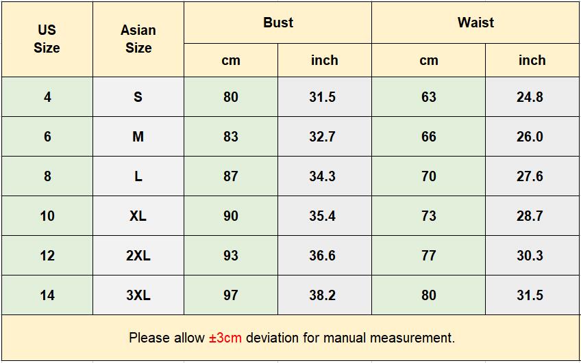 a size chart table for small trailing temperament satin mermaid wedding dress showing bust and waist measurements in cm and inch for us and asian sizes from s to 3xl
